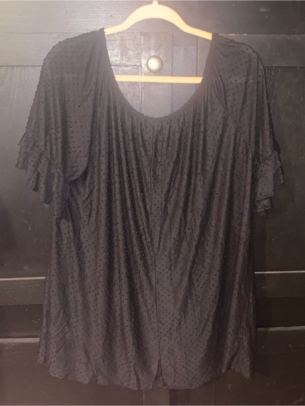NWOT Honeyme Curvy dotted Swiss top with bell ruffle sleeves